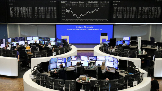 The German share price index DAX graph is pictured at the stock exchange in Frankfurt, Germany, March 23, 2023.    REUTERS/Staff